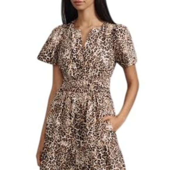 Anthropologie Somerset collection Maxi Dress Leopard Print Short Sleeves & Smock - Picture 1 of 10